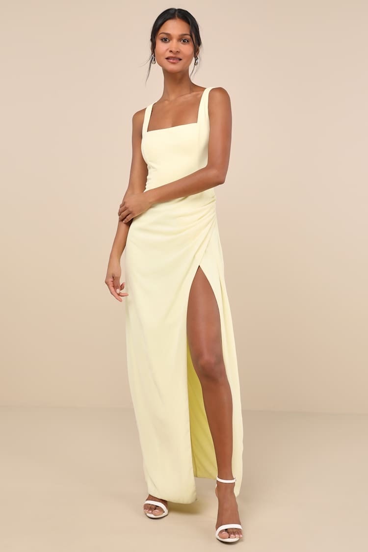 Nwt Lulus Glamorous Disposition Light Yellow Ruched Maxi Dress Bridesmaid Sz L